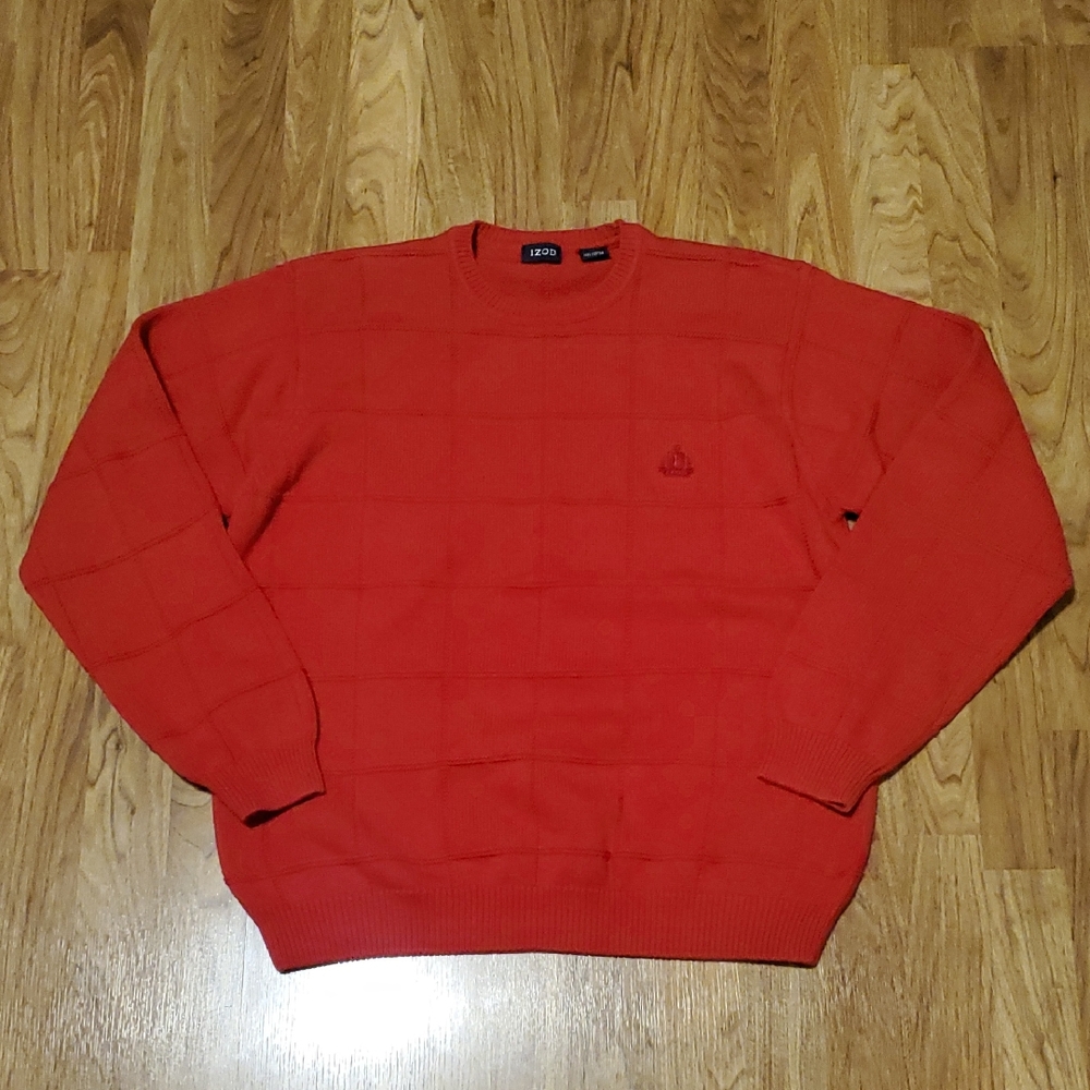Izod Men's Vibrant Red Cotton Crewneck Sweater Size L Windowpane Checker Pattern